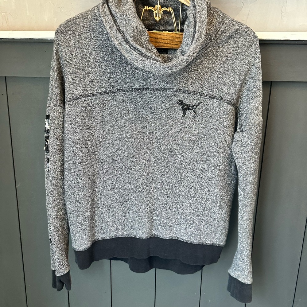 PINK Victoria's Secret Sequin Cowl Neck Logos Sweatshirt size M
